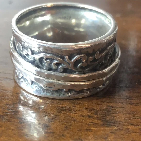DIDAE Ornate Sterling Silver Wide Band Israeli Spinner Ring Sz. 8, 8-1/4, 10-1/4
